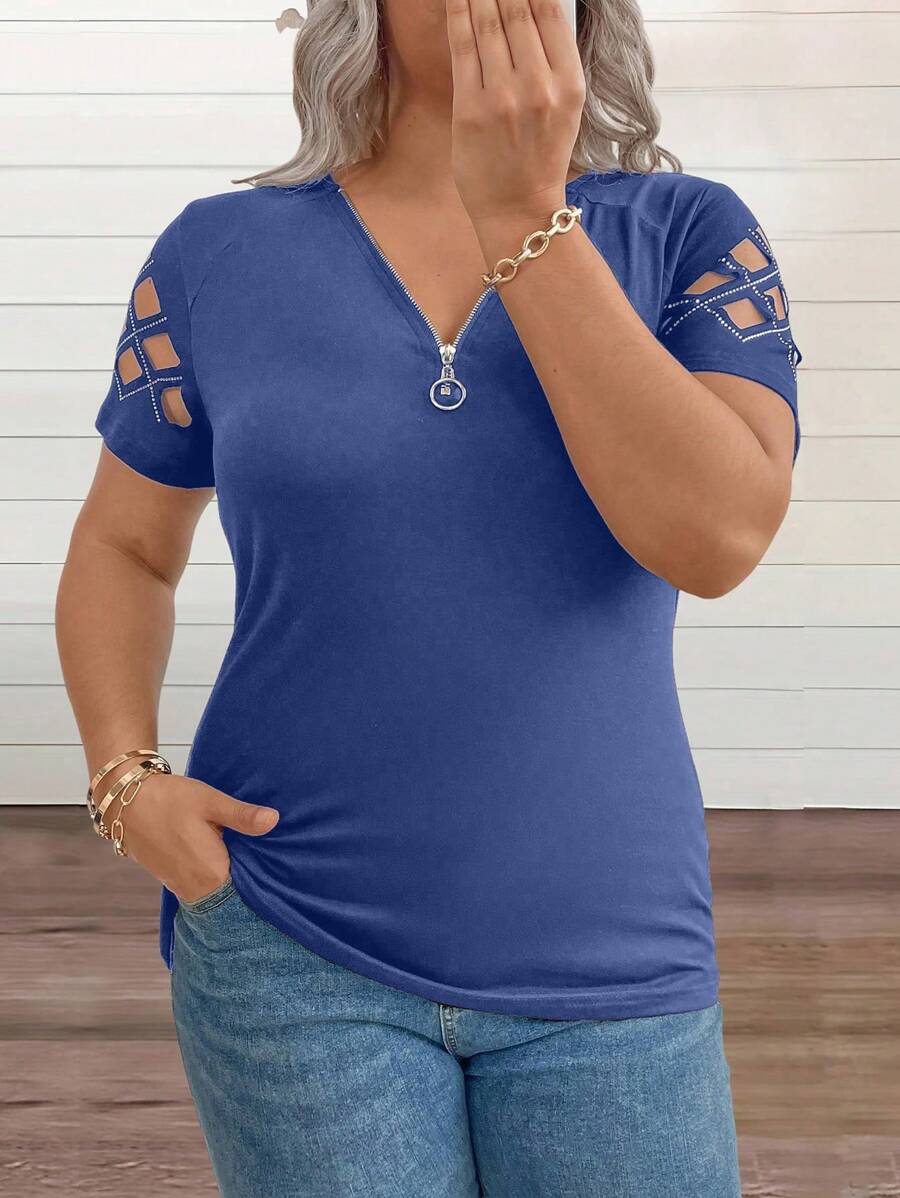 SHEIN LUNE Plus Size Solid Deep V-Neck Hollow Summer Casual T-Shirt - Blue - View 1