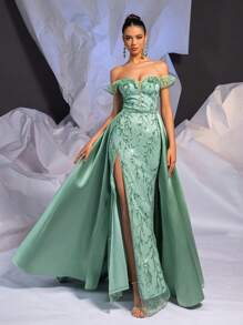 Glamrae Elegante y hermoso vestido largo de satén con abertura, con hombros descubiertos, con incrustaciones de flores en forma de lentejuelas, de color verde hierba, con gran vuelo desprendible, adecuado para eventos de boda, fiesta de graduación, cena formal y talla grande (estilo industrial pesado), vestido de noche formal para invitados de boda - Verde - Ver 5