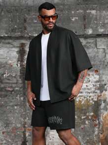 Manfinity Roughcore Plus Size Men's Solid Color Minimalist Casual Short Sleeve Shirt - Black - View 4