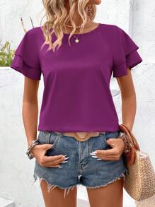 EMERY ROSE Solid Color Raglan Sleeve Casual Shirt,Short Sleeve Tops - Purple - View 5