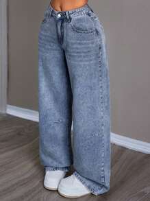 SHEIN EZwear 女士口袋宽松阔腿休闲牛仔裤