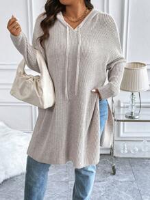 Calvaya Plus Size Solid Color Side Slit Long Length Hooded Knit Sweater Knit Pullover Fall Winter Outfit