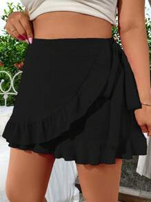 SHEIN Clasi Plus Size Women Summer Plain Ruffle Hem Wrap Casual Black Skort Black Skirt Womengirl Black Skirtblack Skirt - Black - View 1