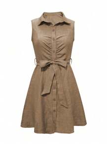 SHEIN LUNE Solid Button Front Belted Shirt Dress For Summer - Khaki - View 4