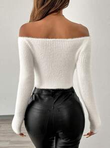 Chiquease Women Solid Color Ribbed Slim-Fit Off-Shoulder Short Sweater Knit Pullover Fall Winter Outfit