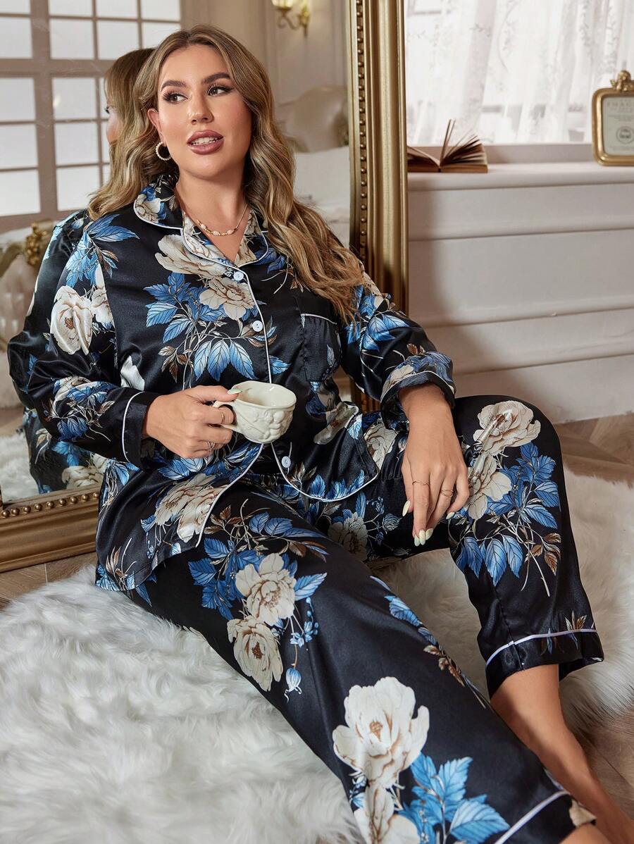 Plus Floral Print Contrast Piping Satin PJ Set / Pajama Set - Black - View 1