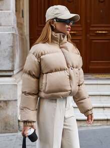 EURMUSE Solid Color Zip Up Padded Coat - Beige - View 6