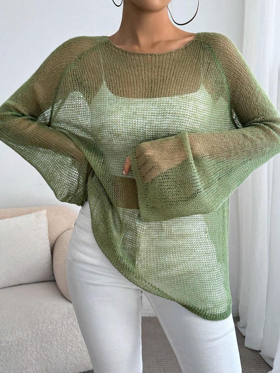 SHEIN Essnce 休閒女式深綠色純色圓領拼接套頭寬鬆薄荷羊毛透視毛衣長袖秋季女裝毛衣 - 軍綠色 - 查看 1