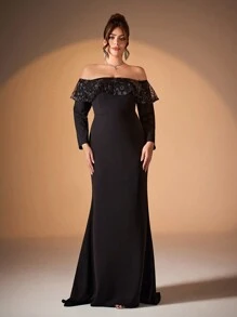 Plus Size Mgiacy Off-Shoulder Long Sleeve Ruffled Sequin Embroidered Lace Patchwork Mermaid Dress, Formal Evening Prom Gown, For Wedding Guest, Graduation, Dinner