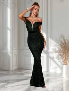 ADYCE Đầm dự tiệc lệch vai lưng cao đính sequin - màu xanh lá - Xem 3