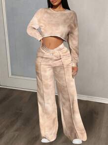 Slaydiva 秋冬季休閒簡約圓領長袖寬鬆落肩鬆口設計截短毛衣闊腿褲V字型交叉腰帶全寬卡其印花女士兩件套-G - 卡其色 - 查看 2