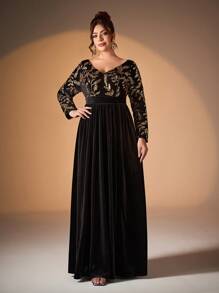 大码 V 领亮片腰部收褶长袖天鹅绒连衣裙优雅舞会半正式婚礼宾客礼服，适合生日、毕业典礼、返校节