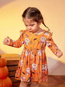 SHEIN Baby Girl Casual Daily Cute Bunny & Bat Halloween Print Long Sleeve Dress, Suitable For Halloween Party