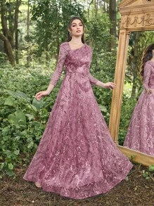 Faeriesty Váy dạ hội dự tiệc cưới sang trọng, cổ chéo sequin, tay áo 3/4, váy dự tiệc, tốt nghiệp, tiệc tối - Bụi hồng - Xem 1
