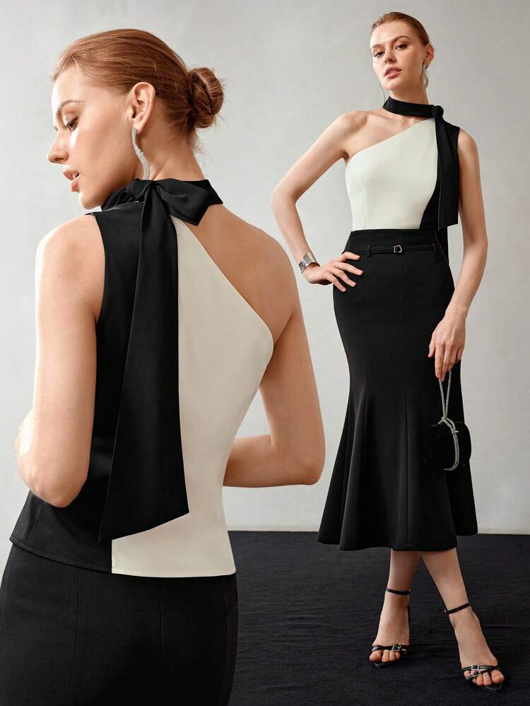 TWO TONE ASYMMETRICAL TIE NECK HALTER TOP