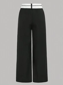 SHEIN Teen Girls' Black And White Color Block Overlap Belted High Waist Wide Leg Loose Fit Trousers For Office, Casual And Campus
