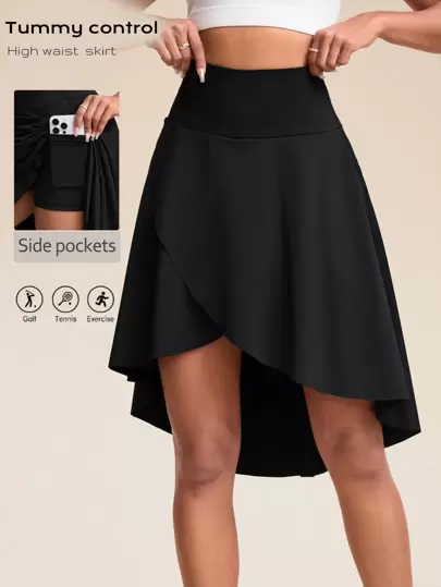 Eassivo Eassivo Women's High Waist Long Athletic Skort With Shorts, Asymmetrical Hem, Side Slit, With Pockets, For Tennis, Golf, Casual Everyday Wear Athletic Skirt