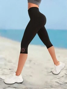 Ladies" Solid Color  Daily Wear Versatile Leggings,Comfort-Fit Capris Leggings - Versatile & Stretchy Crop Pants - Black - View 4