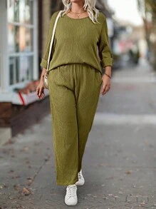 2pcs Plus Size Women's Solid Color Minimalist Everyday Round Neck Long Sleeve Top And Pants Set - Green - View 5