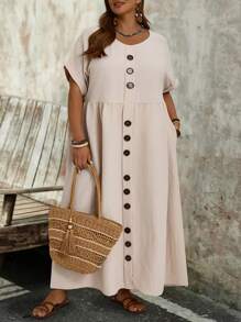 SHEIN CURVE+ Plus Size Nữ Cổ Tròn Nút Đơn Giản Mùa Hè Ngắn Tay Dài Đầm Vải Lanh Có Túi - Màu Khaki - Xem 5
