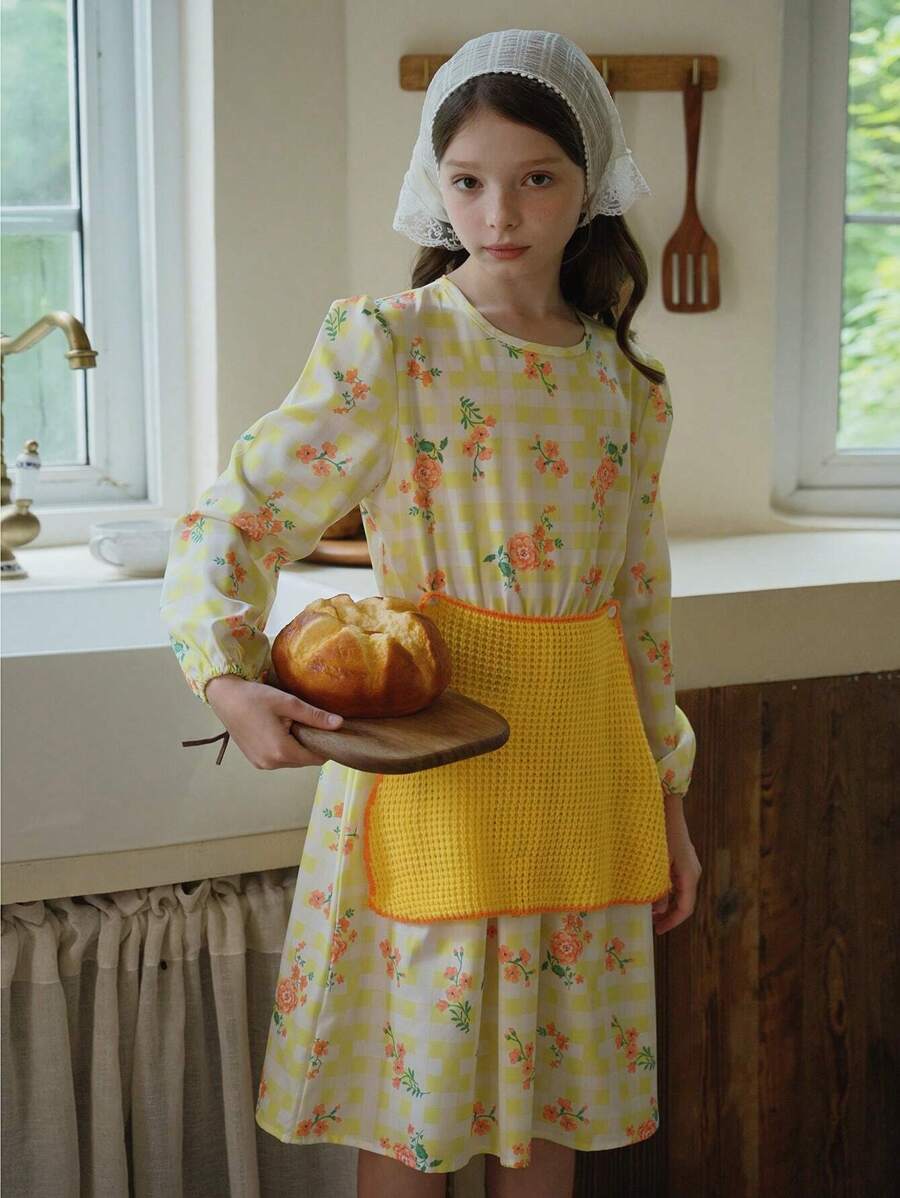 SHEIN Đầm yếm cổ tròn họa tiết hoa nhí tay lửng dành cho bé gái tuổi teen. - Màu vàng - Xem 1