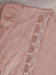 Breezaya 女式V領網紗拼接綁帶休閒春夏短袖上衣 - 藕粉色 - 查看 7