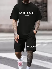 Conjunto casual de camiseta de manga corta con cuello redondo y pantalones cortos para hombre para vestir para el trabajo o viaje diario