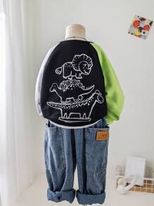 SHEIN Leap Crew 1 件年轻男孩可爱卡通恐龙动物印花套头衫，拼色长袖，舒适百搭，适合外出、上学、花园、海滩、生日、婴儿洗礼，适合秋冬季