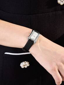 PREMIUM RELOJ DE PULSERA DE CUARZO CON CORREA CUADRADA DE DIAMANTES PARA DAMAS - Negro - Ver 9