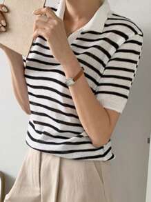 DAZY Women's Casual Colorblock Striped Short Sleeve Knit Blouse, Spring Summer - Black and White - View 8