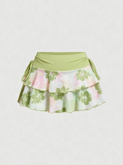 SHEIN MOD 女士侧系带荷叶边下摆褶皱腰花卉印花 A 字迷你裙