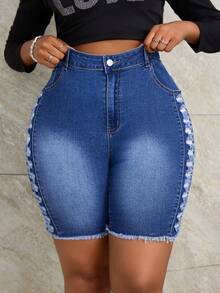 SHEIN SXY 大码女式纯色简约日常牛仔短裤 - 深色水洗藍 - 查看 5