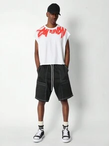 SUMWON Crop Fit Raw Edge Sleeveless Tank Top With Neck Graffiti Graphic Print - White - View 4