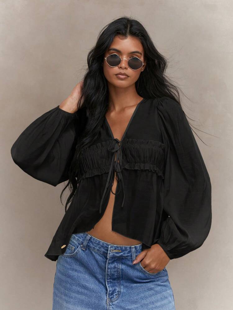 MISSGUIDED Sheer Ruched Bust Balloon Sleeves Shirt Blouse