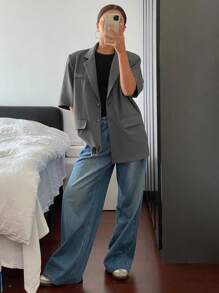 Livesso Short Sleeve Casual Women's Suit Jacket Women Blazers,Fall Clothes Business Attire - Grey - View 6