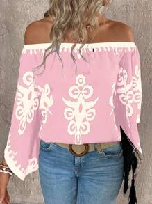 SHEIN Clasi Áo dài tay in họa tiết lệch vai dành cho nữ - Hồng - Xem 3