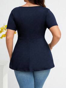 DreamSkyne Plus Size Women's Solid V-Neck Short Sleeve Ruffle Casual T-Shirt, Summer - Navy Blue - View 2