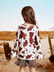 SHEIN 2pcs Young Girl's Round Neck Long Sleeve Allover Print Blouse And Ruffle Hem Shorts Cowgirl Set - Coffee Brown - View 2