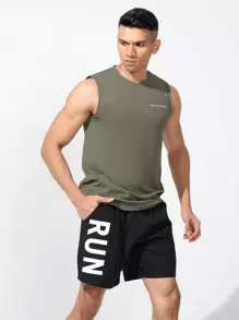 Manfinity Athleisure Boyfriend Style Men's Casual Letter Print Round Neck Sports Vest Back To School