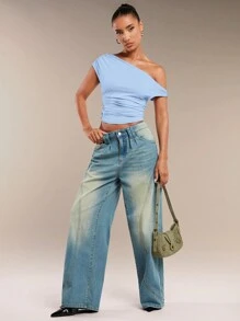 SHEIN BAE Blusa de verano con cuello asimétrico y fruncido de unicolor para mujer - Celeste - Ver 3