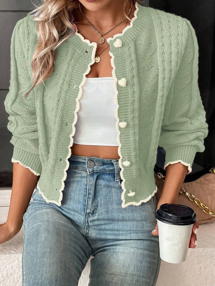 Calvaya 女士撞色饰边前扣休闲开衫、长袖、长袖上衣