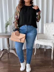 SHEIN LUNE Blusa casual de talla grande para mujer con contraste de malla y bordado