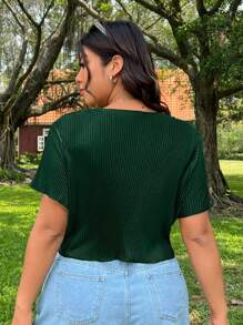 SHEIN EZwear Blusa de verano para mujer de tallas grandes, cuello en V, manga corta, con fruncido, tipo top corto