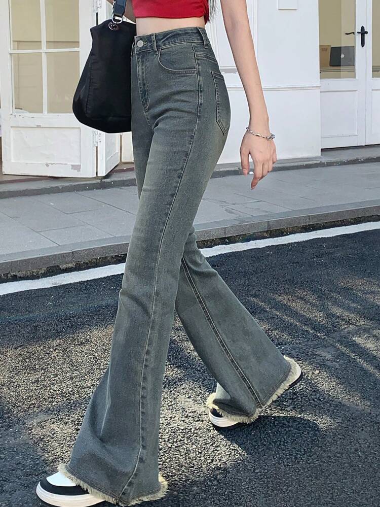 Women's Solid Color Fringe Hem Pocketed Flare Leg Jeans