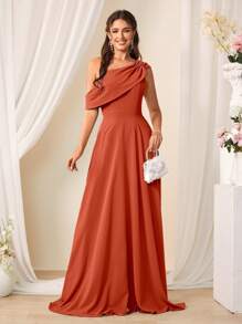 SHEIN Belle 纯色不对称领口褶皱合身伴娘礼服，优雅礼服