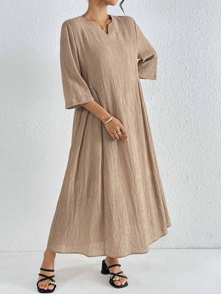 Mulvari Women Solid Notched Collar Casual Daily Modest Dress - Coffee - View 1