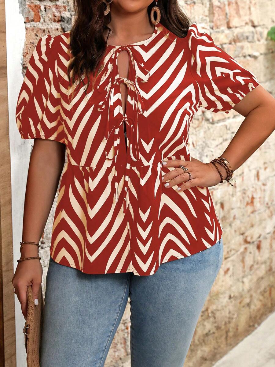 Flirla Áo sơ mi tay phồng in hình xương cá Plus Size Holiday Colorblock - Đỏ - Xem 1