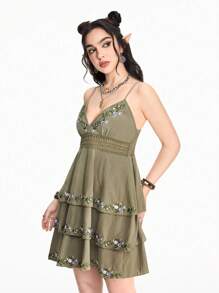 ROMWE Fairycore Women's Floral Embroidery Layered Ruffle Hem Cottagecore Style Washed Cotton Dress - Army Green - View 3