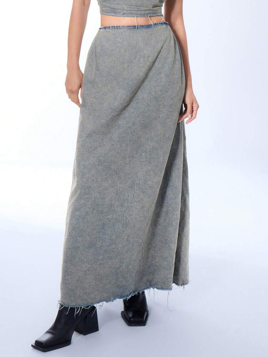 MUSERA 牛仔水洗长款半身裙,90年代春季性感夏季度假节风 - 灰色 - 查看 1