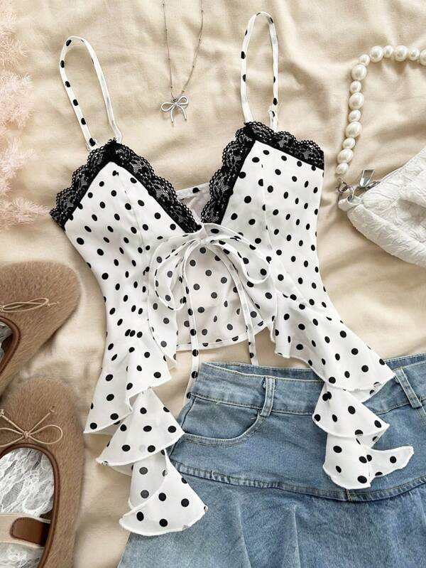 Soleia Women's Bow Tie Front Openable Asymmetrical Ruffle Lace Patchwork White Background Black Polka Dot Bohemian Summer Beach Music Festival Camisole